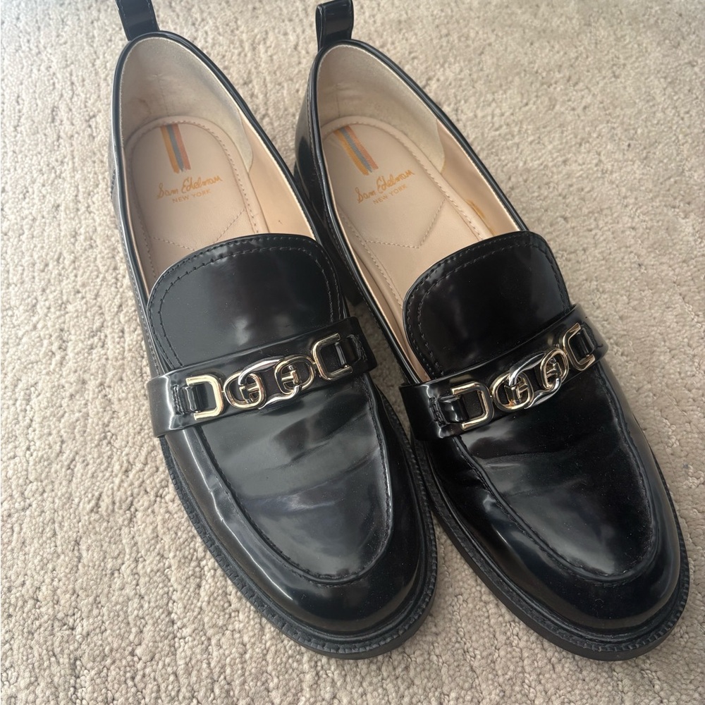 Sam Edelman Black Leather Loafers with Gold Buckle